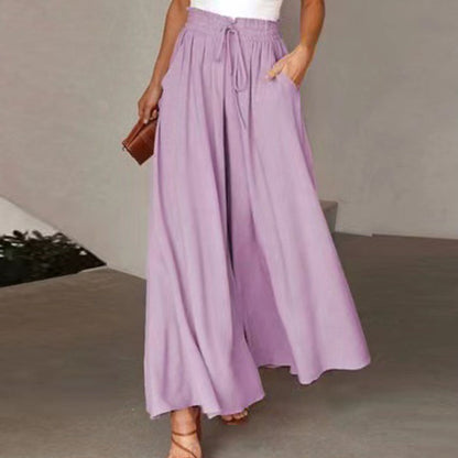 Women Solid Color Loose Casual Elastic Wasit Wide-Leg Pants