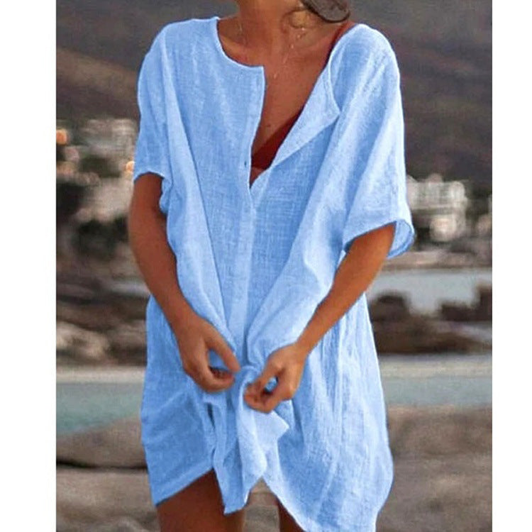 Blusa holgada informal de manga corta para mujer, color liso, para playa y vacaciones