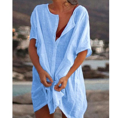 Blusa holgada informal de manga corta para mujer, color liso, para playa y vacaciones