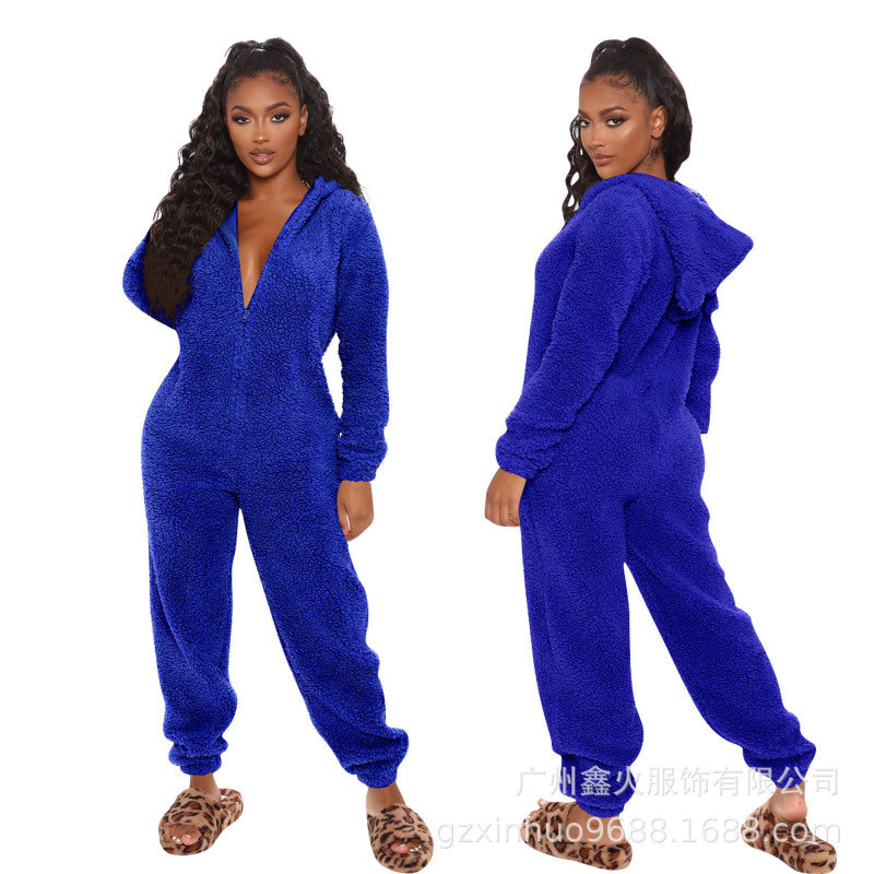 Women Long Sleeve Hooded Plush Casual Jumpsuits Pajamas