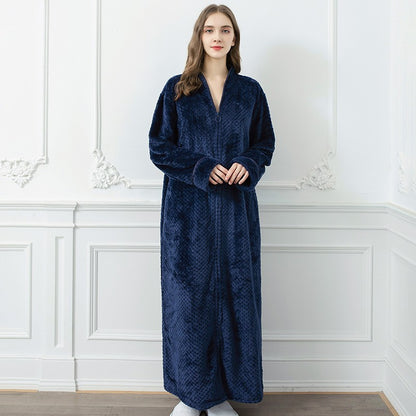 Couples Winter Fashion Casual Home Solid Color Flannel V Neck Long Sleeve Zipper Robes Sleepwear