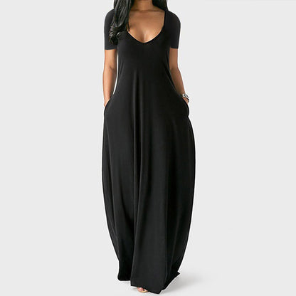 Summer Plus Size Women Basic Solid Color Casual V Neck Short-Sleeved Maxi Dress With Pockets