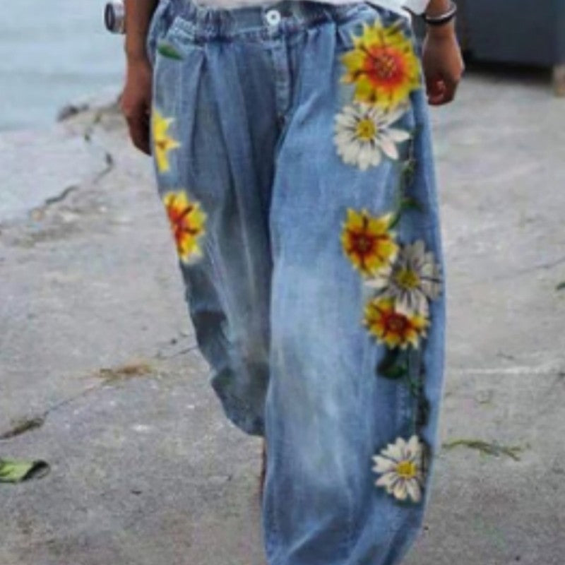 Women'S Fashion Vintage Casual Floral Embroidery Loose Jeans