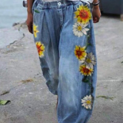 Women'S Fashion Vintage Casual Floral Embroidery Loose Jeans