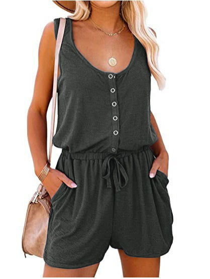Women Sleeveless Waist Tie Casual Loose Wide Leg Short Rompers
