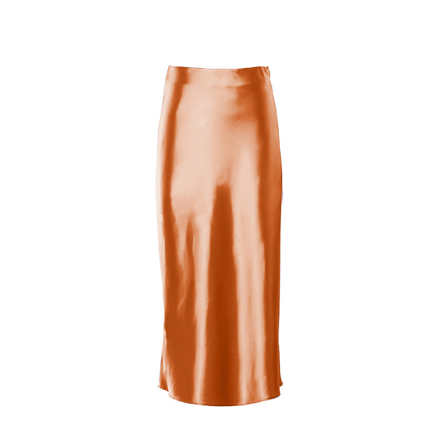 Autumn Spring Women High Waist Satin Slim-Fit Elegant Casual Office Solid Skirt