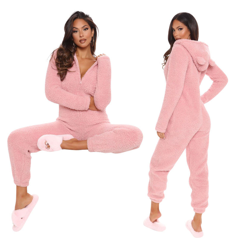 Women Long Sleeve Hooded Plush Casual Jumpsuits Pajamas