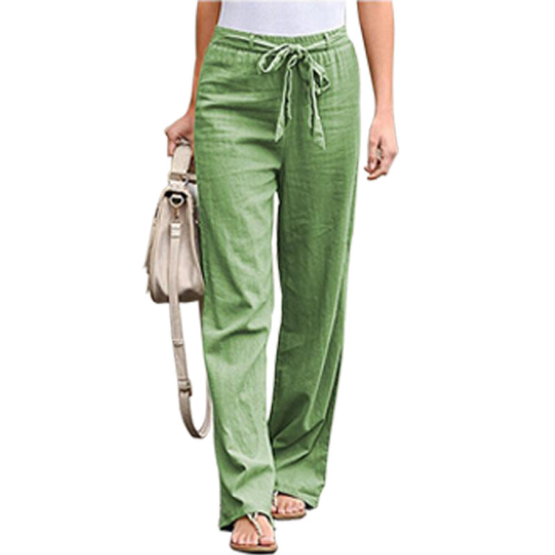 Women Solid Color Linen High Waist Lace Up Wide Leg Casual Pants