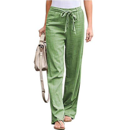Women Solid Color Linen High Waist Lace Up Wide Leg Casual Pants