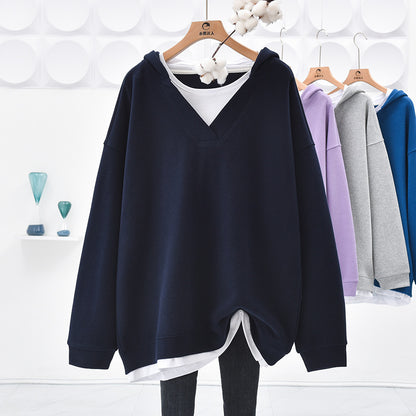 Sudadera con capucha informal de color liso con cuello en V y costuras para mujer