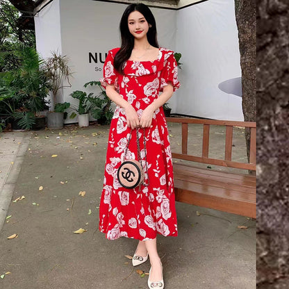Women Vacation Casual Retro Multicolor Square Neck Printed Waist Puff Sleeve Dress