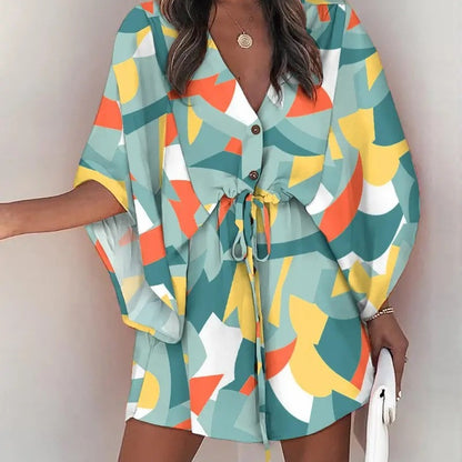 Women Elegant Bohemian Summer Short Sleeves V Neck Casual Bandage Holiday Dress