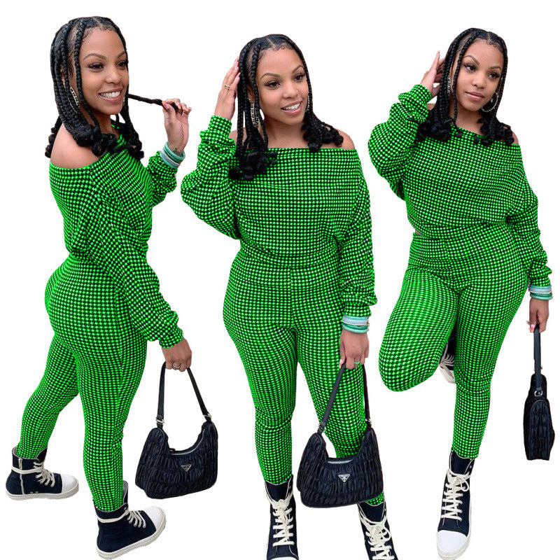 Conjunto de dos piezas de top y pantalón holgados informales de manga larga con cuello oblicuo y estampado a cuadros para mujer