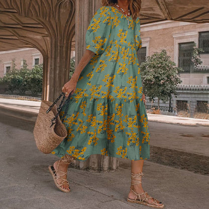 Summer Women Casual Bohemian Short Sleeves Polka Dot Print Loose Ruffle Dress