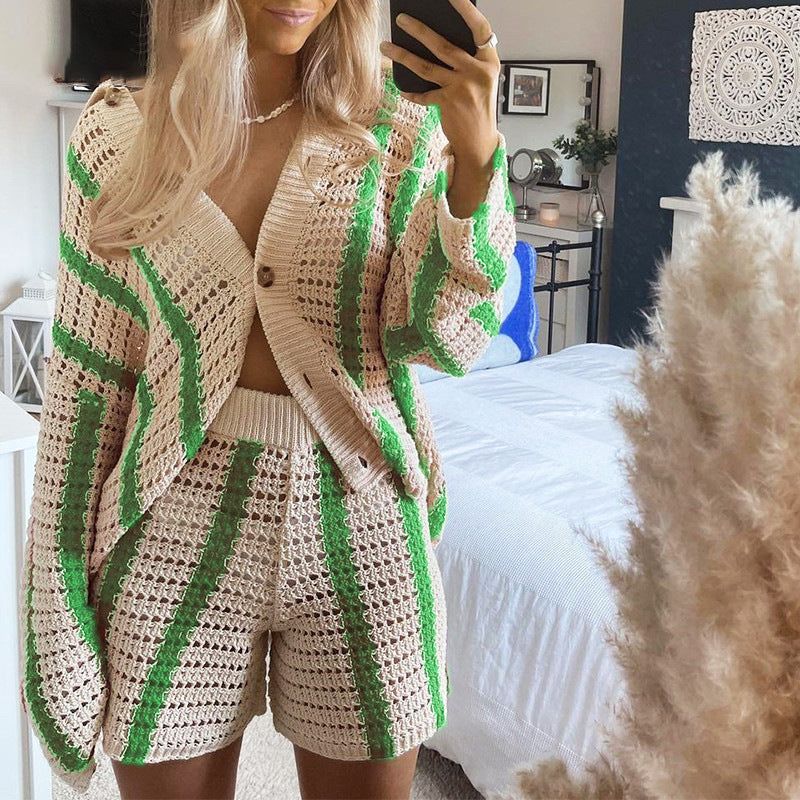 Women Sweet Casual Stripe Hollow Knitted Cardigan Jacket Top And Shorts Two Pieces Set
