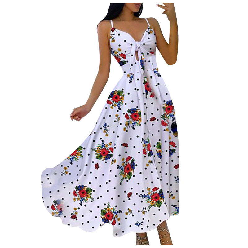 Women Casual Sexy Vacation Floral Print Knit Strap Swing Maxi Dress