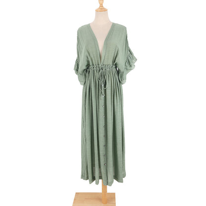 Traje de baño de playa informal holgado con cuello en V y manga corta de color liso para mujer