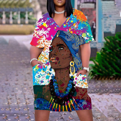 Women Casual Graffiti Printed Vintage 3D Pocket Loose Plus Size Dress