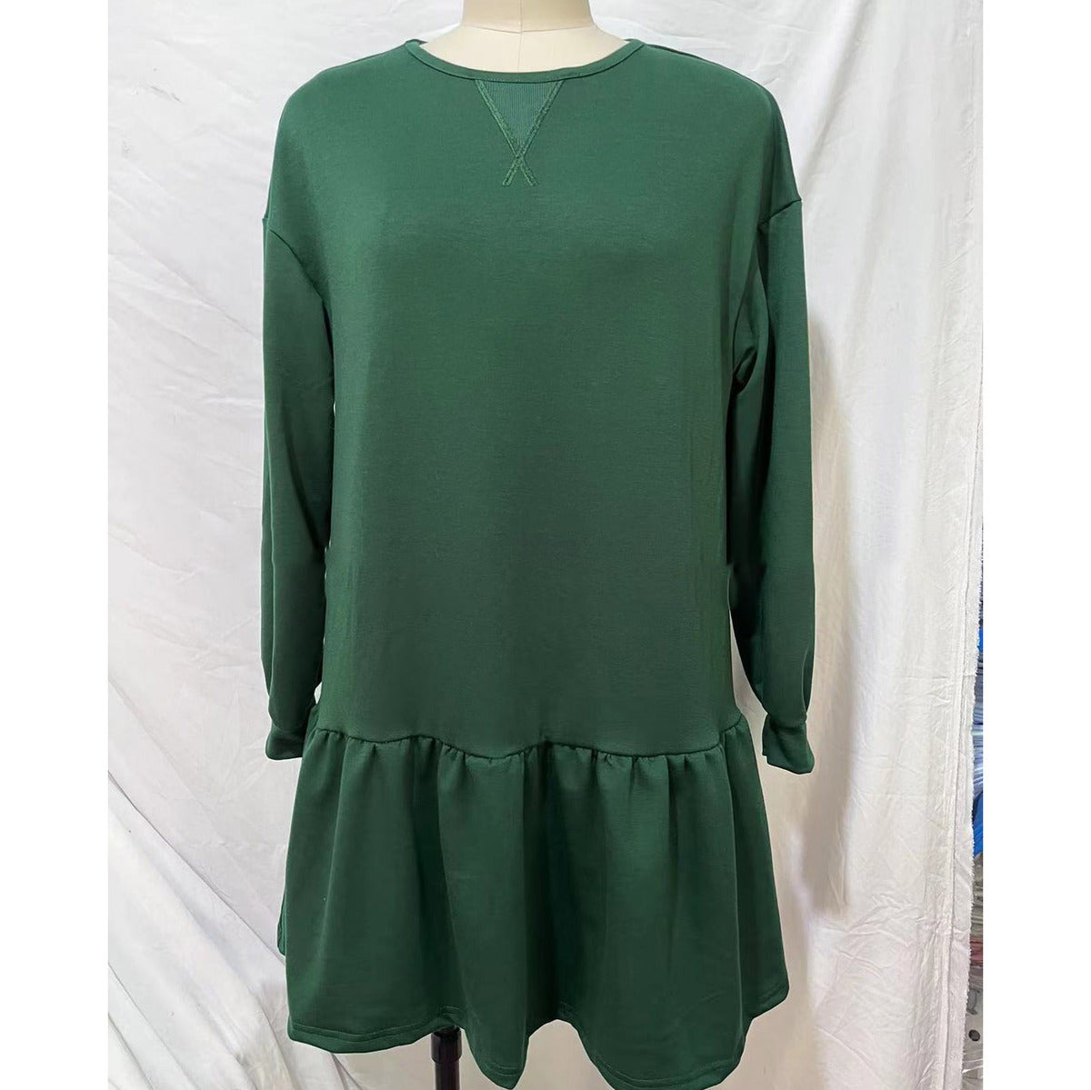 Vestido mini informal de manga larga con cuello redondo y color liso para mujer
