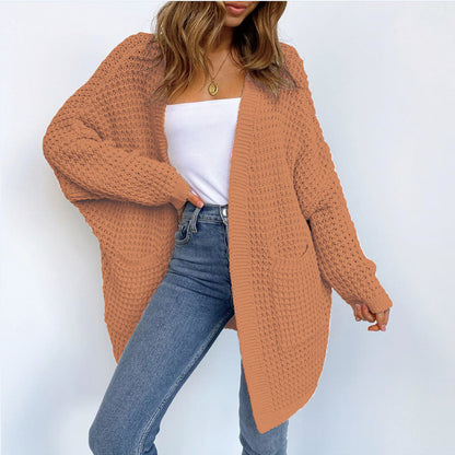 Women Solid Color Long Sleeve Knit Loose Casual Cardigan Coat