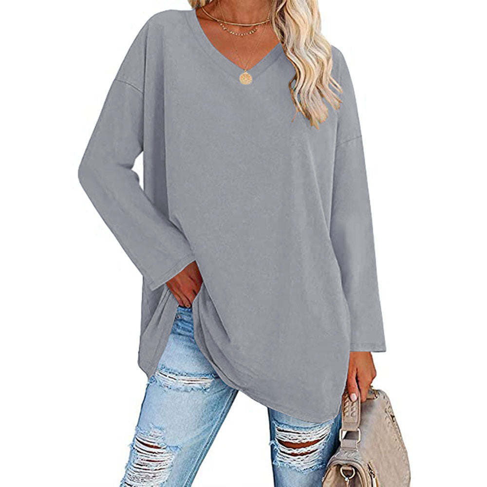 Camiseta informal de manga larga con cuello en V y color liso para mujer