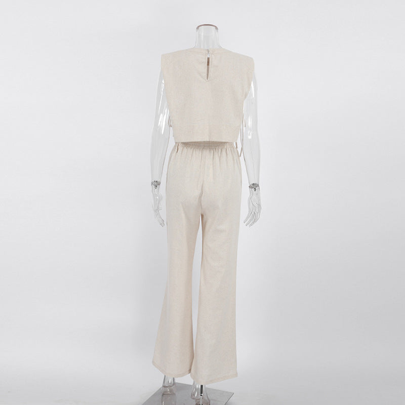 Conjunto de blusa y pantalón de lino y algodón de color liso para mujer, informal, a la moda, para vacaciones
