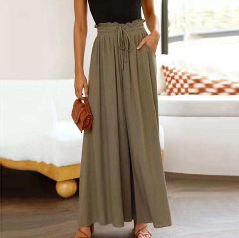 Women Solid Color Loose Casual Elastic Wasit Wide-Leg Pants