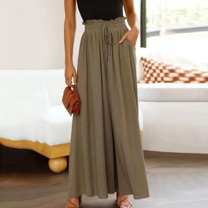 Women Solid Color Loose Casual Elastic Wasit Wide-Leg Pants