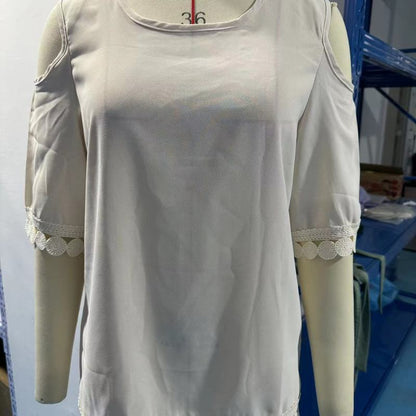 Women Fashion Casual Butterfly Shoulder Round Neck Lace Stitching Top
