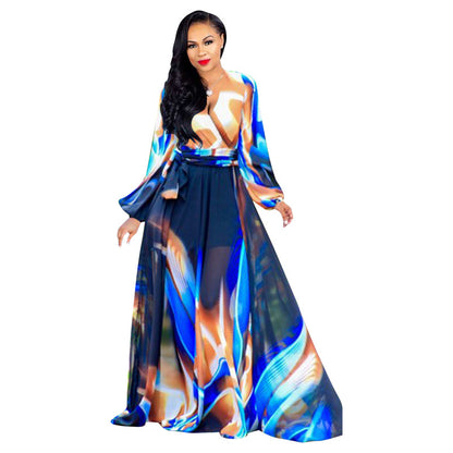 Women Fashion Casual Digital Printing V-Neck Long Sleeve Loose Dress