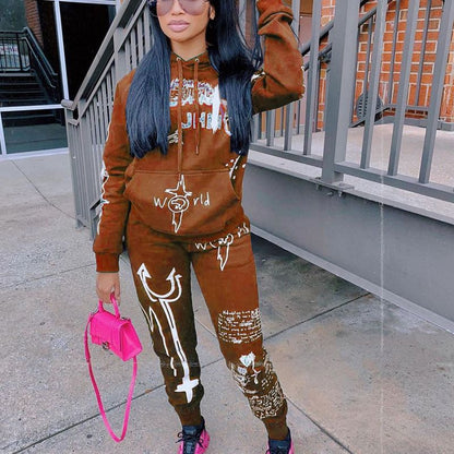 Conjunto de dos piezas de suéter y pantalones con capucha y estampado informal para mujer, moda Otoño Invierno