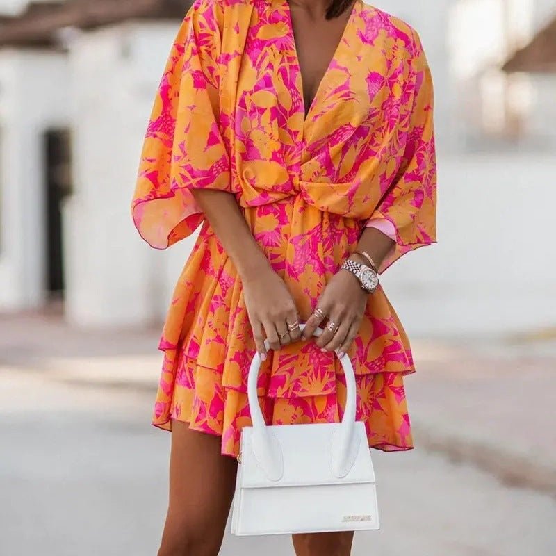 Women Fashion Casual Boho Style V-Neck Loose Dolman Sleeve Graphic Printed Dress