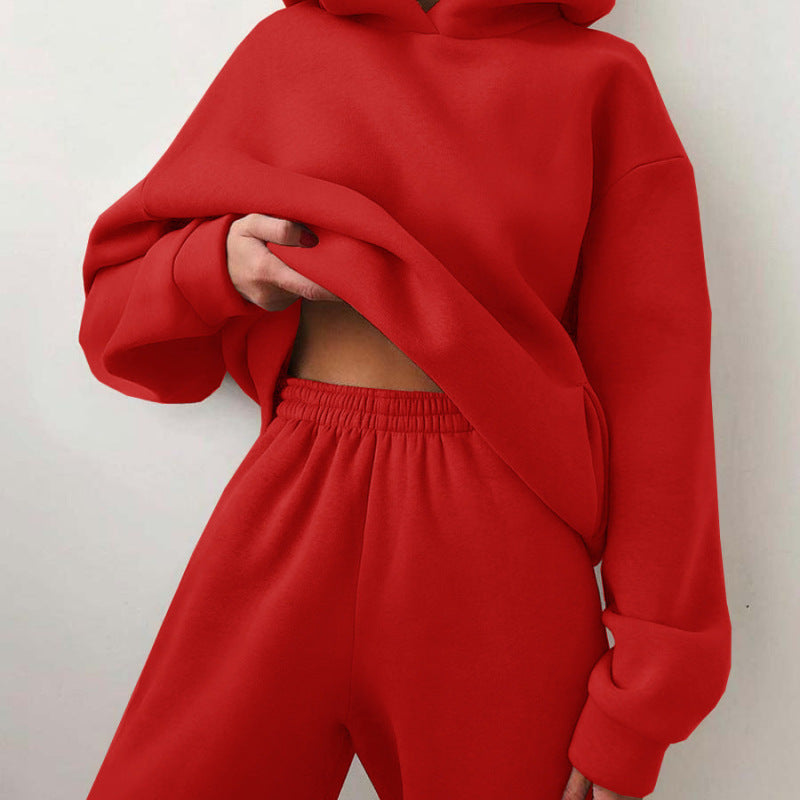 Conjunto de dos piezas de sudadera y pantalón de manga larga grueso de color liso para mujer, informal, de invierno