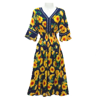 Vestido midi holgado informal de verano con cuello en V y mangas acampanadas para mujer