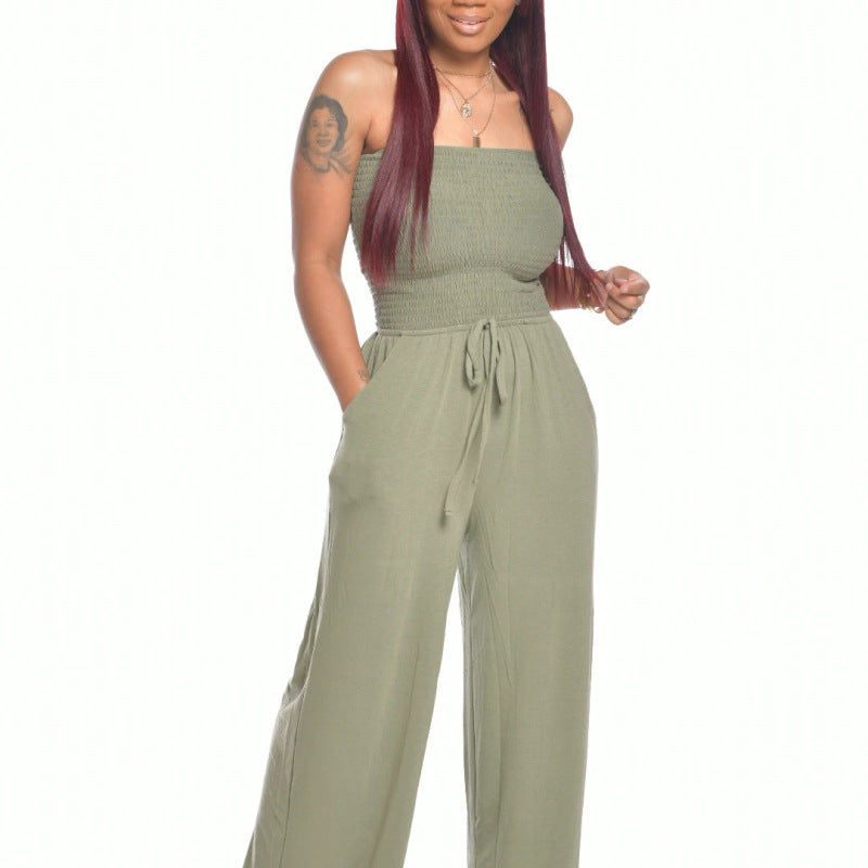 Women Casual Flat Shoulder Wrap Chest Wide Leg Jumpsuit
