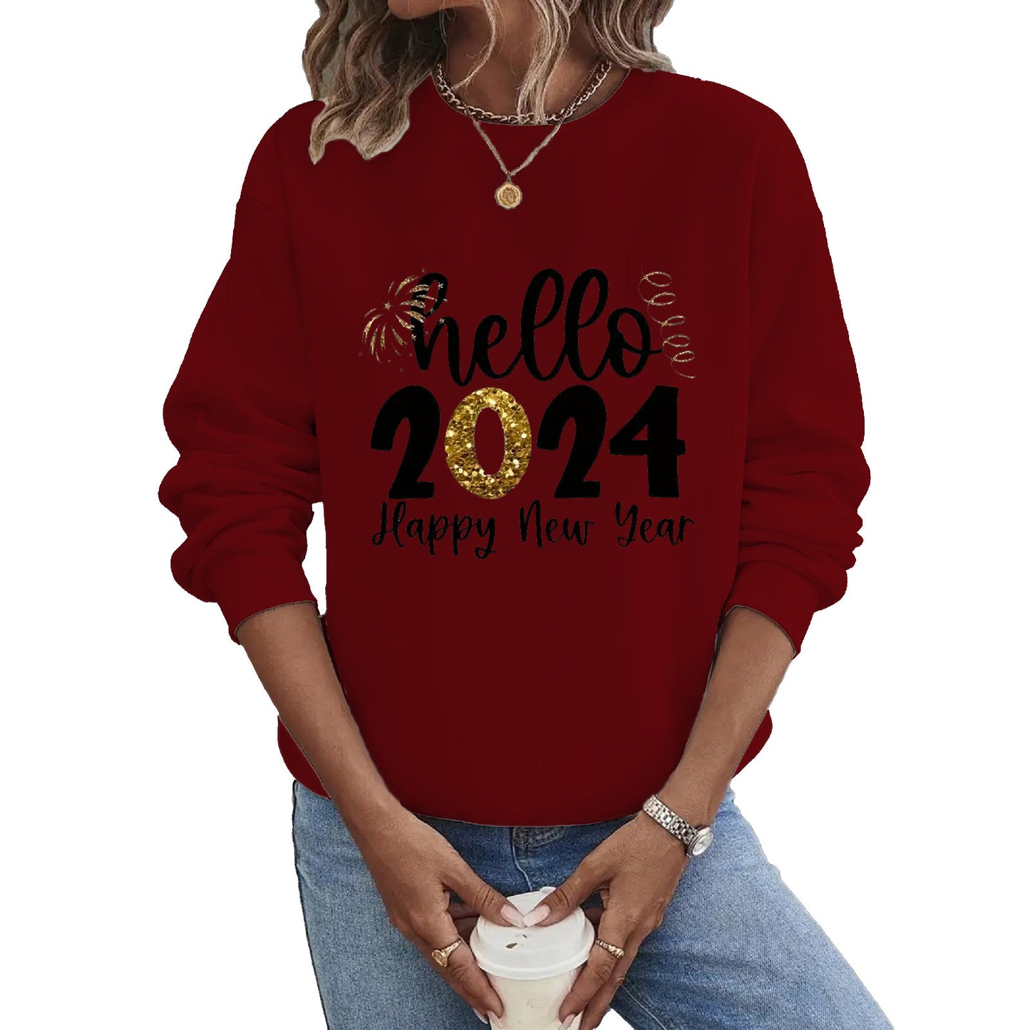 Sudadera informal de manga larga y cuello redondo de talla grande 2024