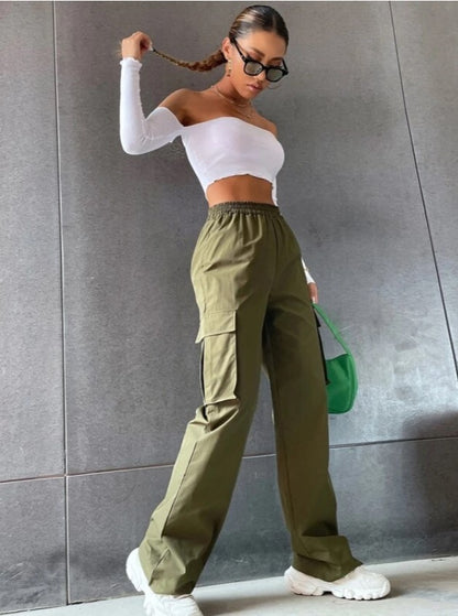 Women Loose Casual Solid Color High Waist Cargo Pants
