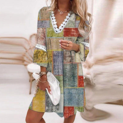 Women Elegant Bohemian V-Neck Floral Printed Lace Patchwork Casual Dress