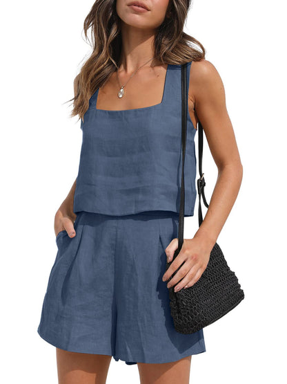 Women Summer Vacation Casual Solid Linen Tank Top And Loose Shorts Set