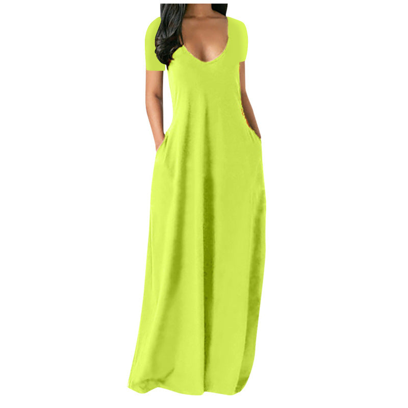 Summer Plus Size Women Basic Solid Color Casual V Neck Short-Sleeved Maxi Dress With Pockets