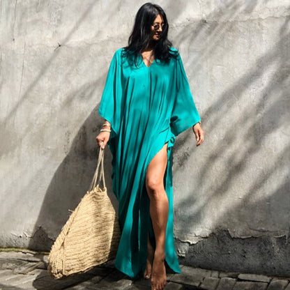 Traje de baño de bikini holgado de manga larga informal para mujer, color liso, para playa, vacaciones