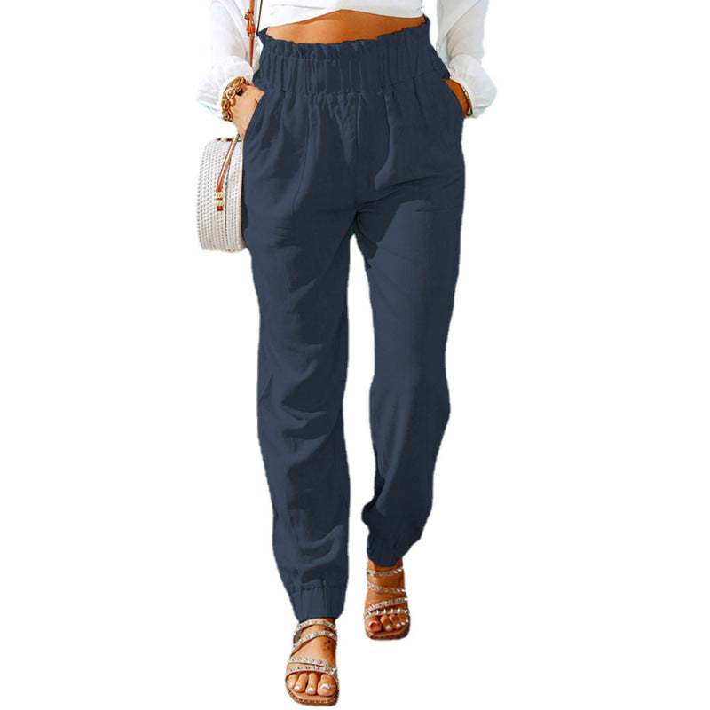 Women Ruffled Elastic Belt Mid Waist Solid Color Casual Jogger Pants