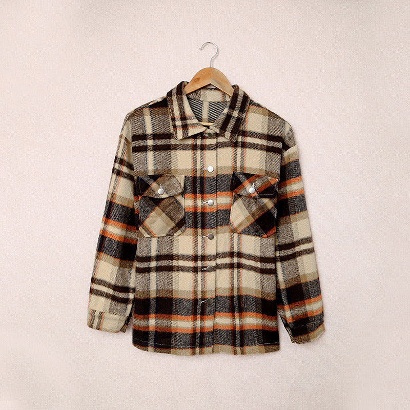 Abrigo informal con solapa y estampado a cuadros para mujer, otoño e invierno