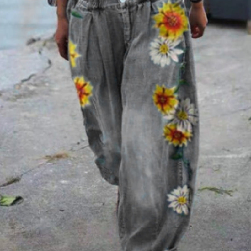 Women'S Fashion Vintage Casual Floral Embroidery Loose Jeans