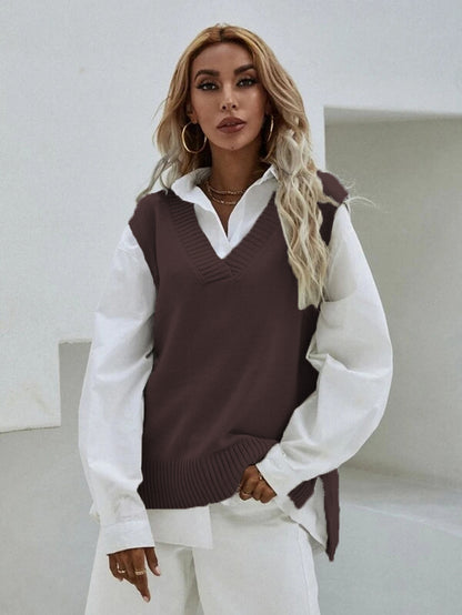 Women Casual V Neck Solid Color Knitted Tank Top