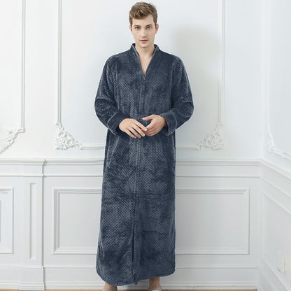 Couples Winter Fashion Casual Home Solid Color Flannel V Neck Long Sleeve Zipper Robes Sleepwear