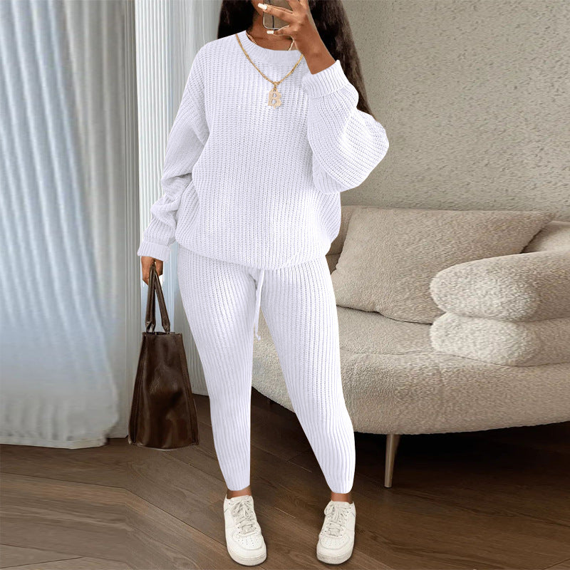 Fashion Casual Women Solid Color Knitted Long Sleeve Sweater And Pants Set