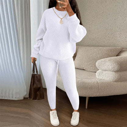 Fashion Casual Women Solid Color Knitted Long Sleeve Sweater And Pants Set