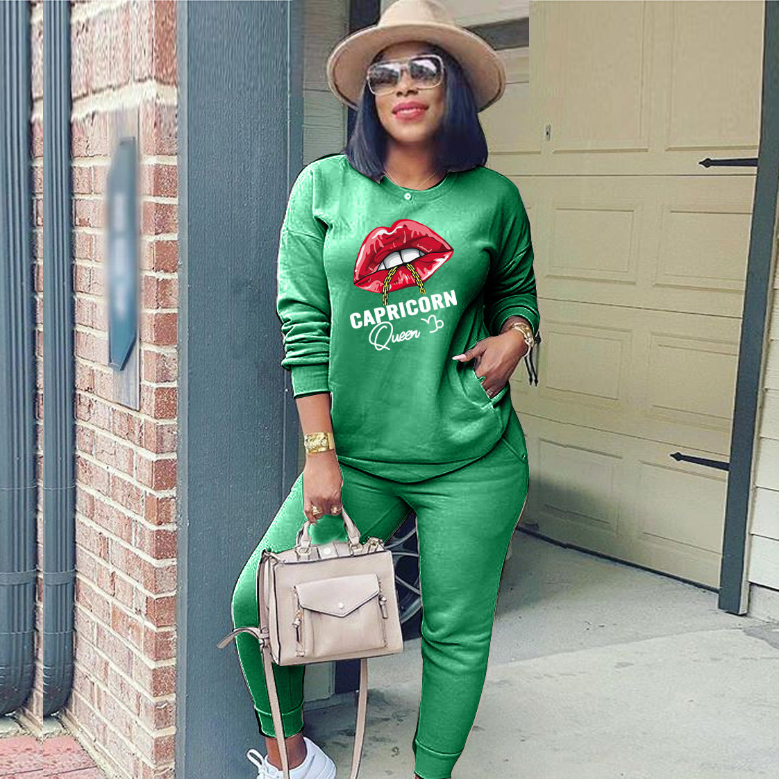 Conjunto deportivo de dos piezas para mujer, moda deportiva, sudadera de manga larga con estampado de labios y letras, pantalones casuales