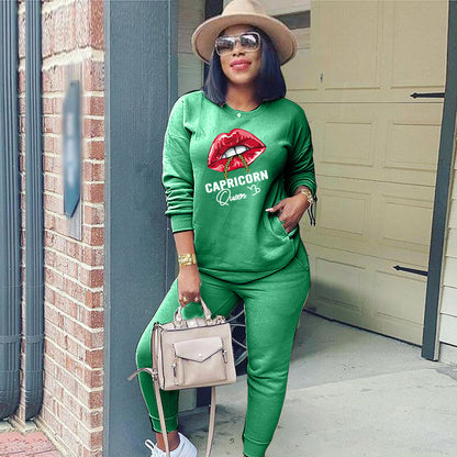 Conjunto deportivo de dos piezas para mujer, moda deportiva, sudadera de manga larga con estampado de labios y letras, pantalones casuales
